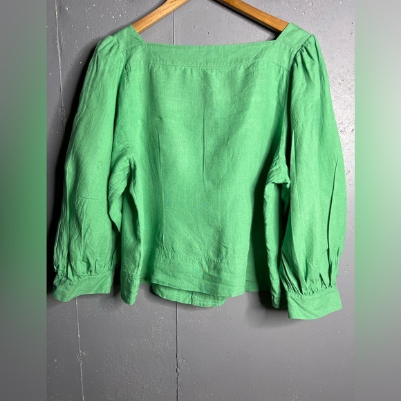 J.Crew 100% Linen Blouse Square Neck Balloon Sleeve Button Front Green Size XL - Picture 2 of 7